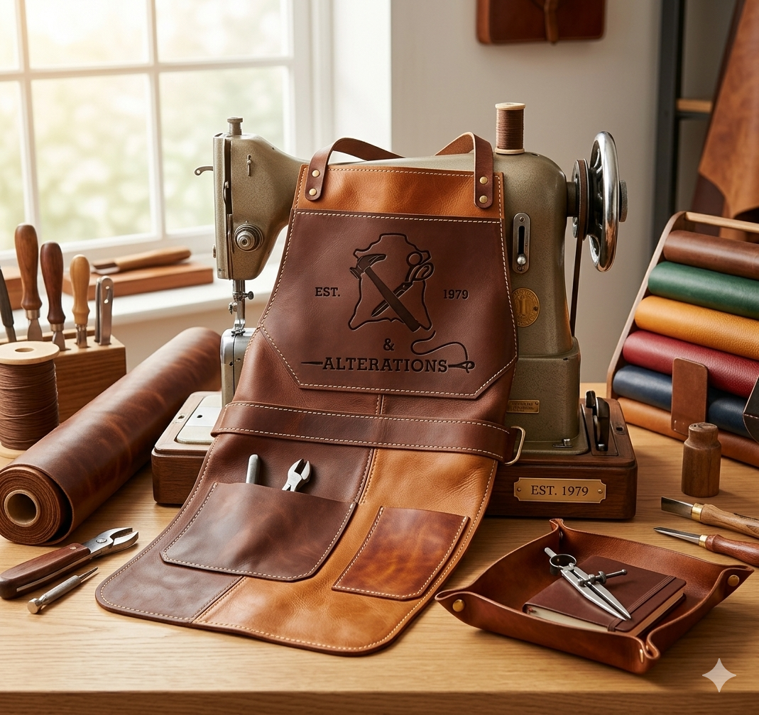 A vintage sewing machine surrounded by leatherworking tools, spools of thread, and colorful rolls of leather on a wooden table, with a window in the background.