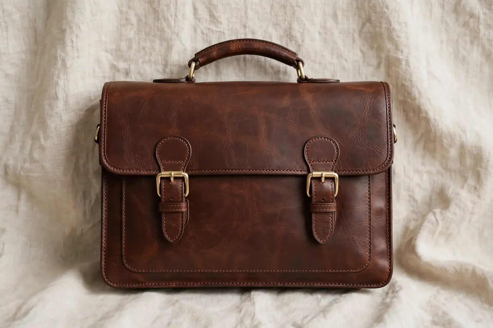 A brown leather briefcase with a handle on top and buckle straps on the front, placed against a light-colored fabric background.