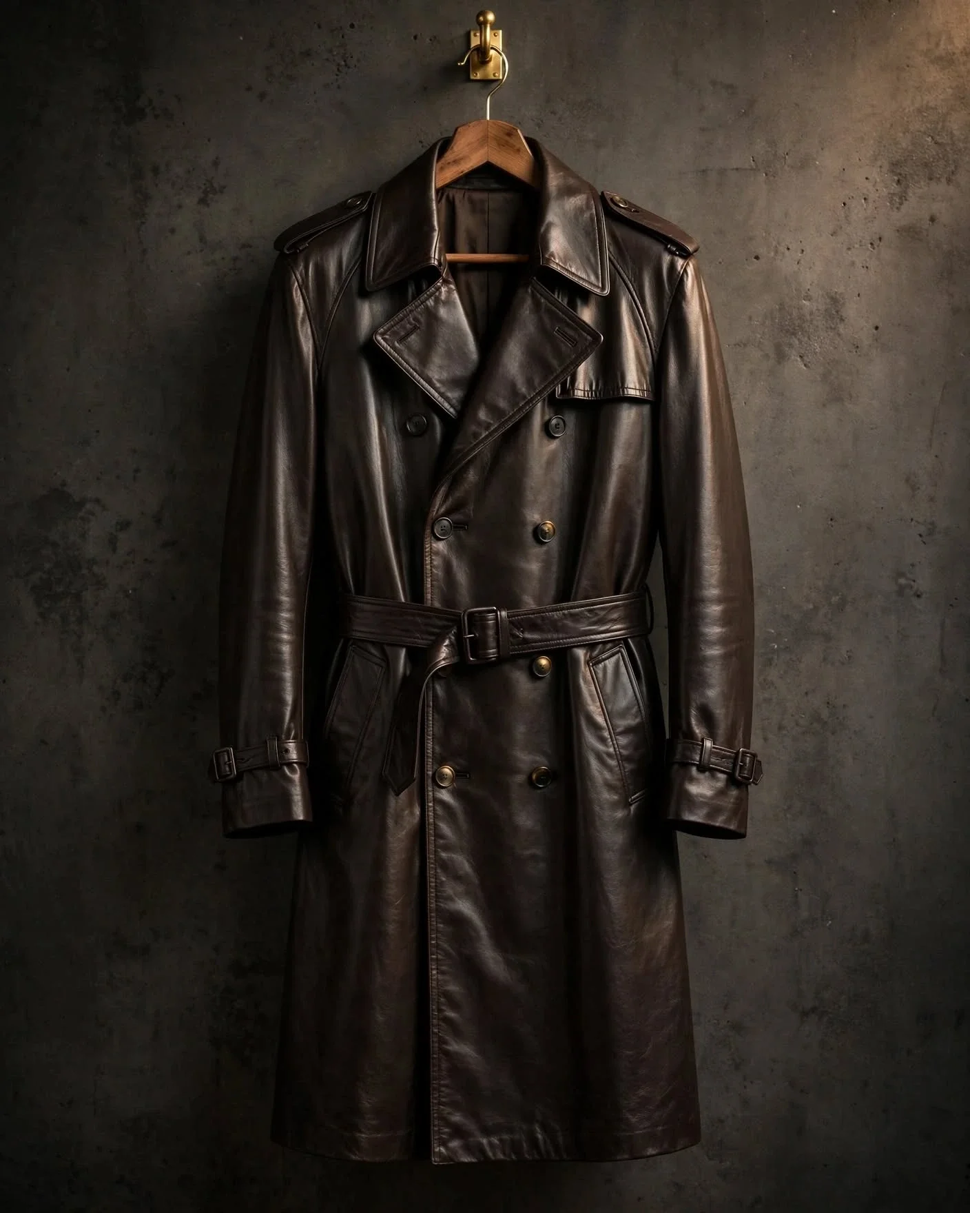 Dark brown leather trench coat double-breasted with wide lapels, epaulettes, storm flap, belted waist and long below-knee cut hanging on hanger