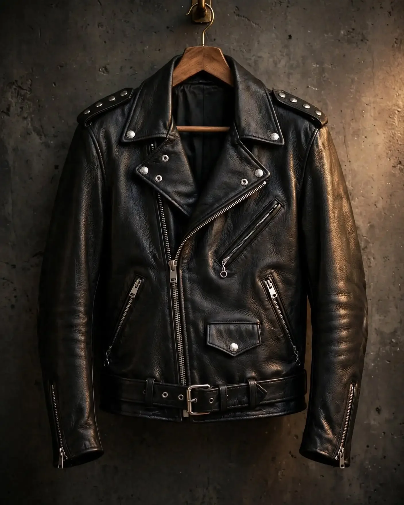 Black leather Schott Perfecto moto jacket with asymmetrical zip, wide lapel with snap closure, belted hem and zip sleeves hanging against dark concrete wall