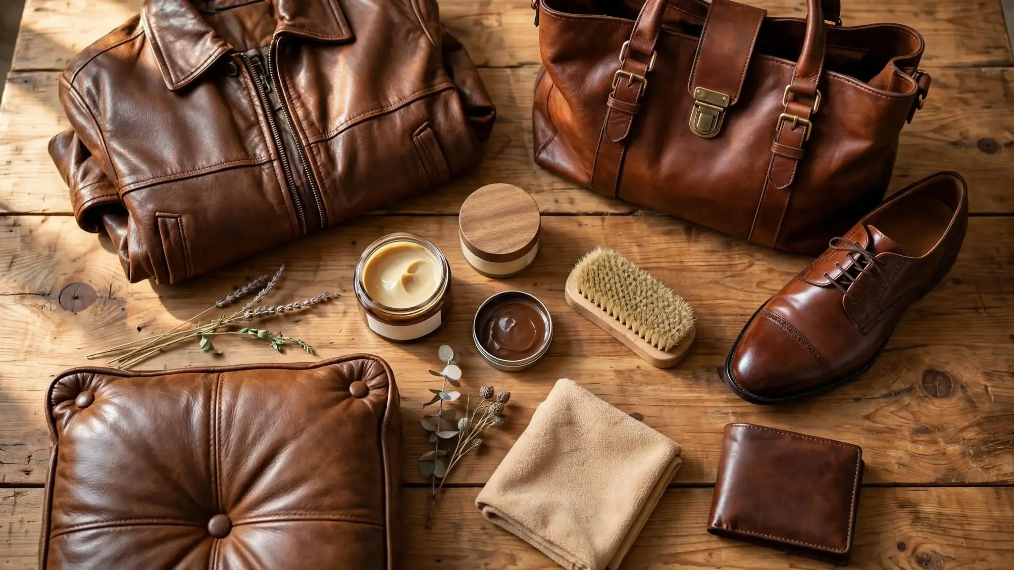 premium flat-lay of a brown leather messenger bag, shoes, jacket corner and wallet with leather conditioner bottle, horsehair brush, polishing cloths, and leather balm arranged on a rustic wooden table