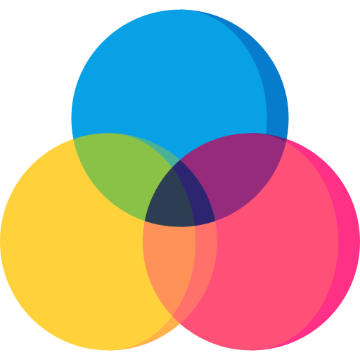 Venn diagram with overlapping circles in blue, yellow, pink, and green.