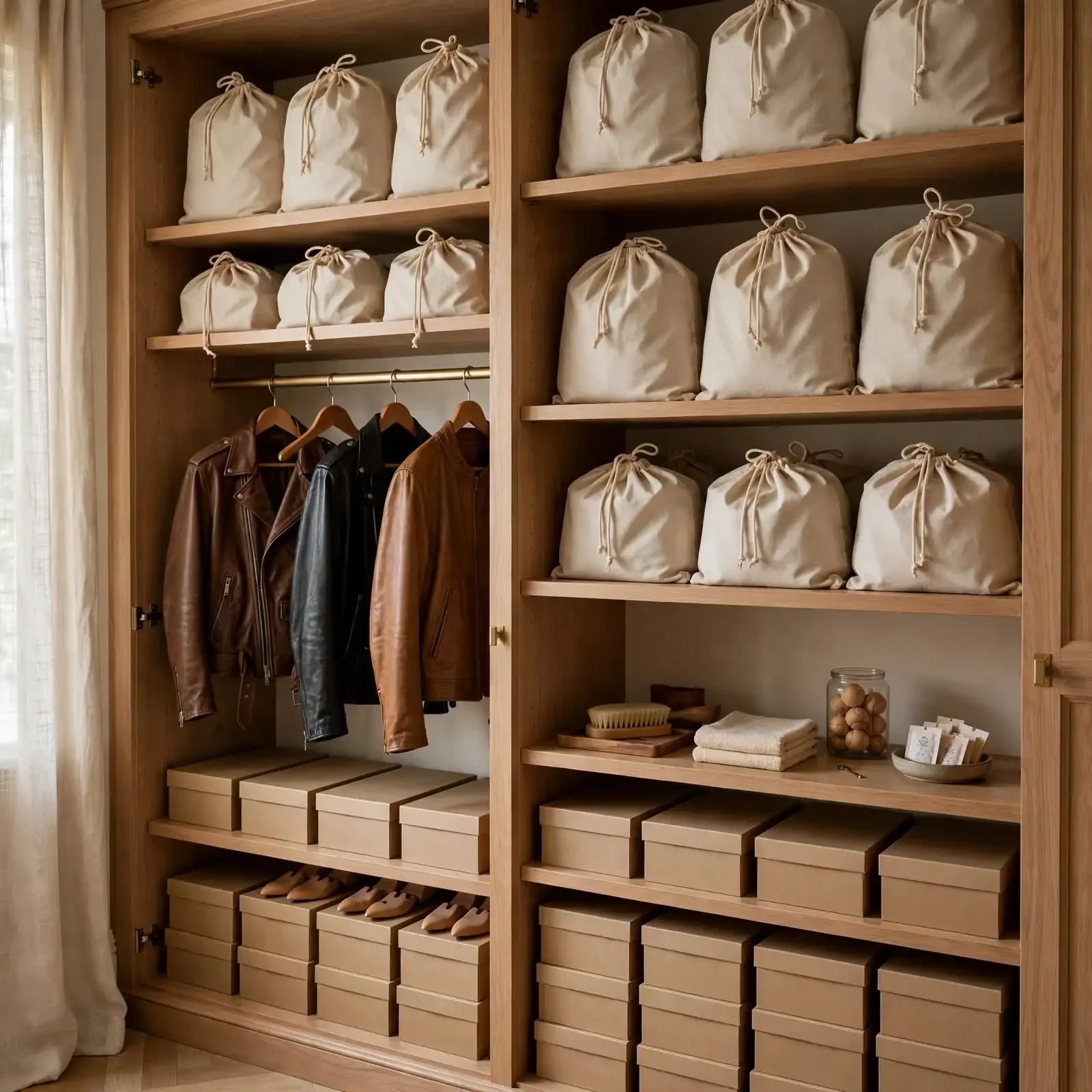Shows an organized luxury wood closet with leather bags stored in beige canvas dust bags on shelves, leather jackets on wooden hangers, shoe boxes, and leather care accessories neatly arranged