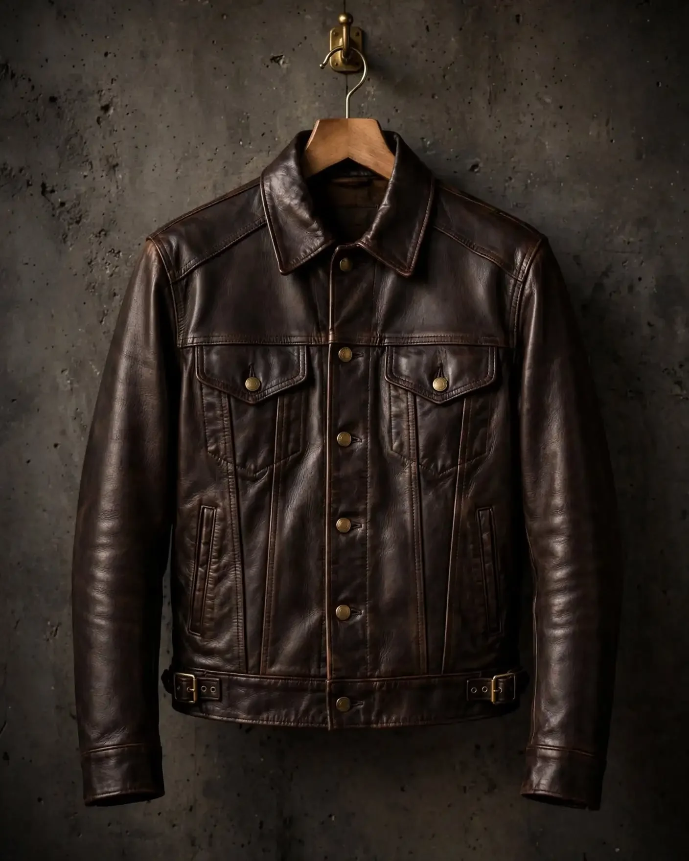 Dark brown leather trucker jacket Type III with pointed collar, button front and two chest flap pockets hanging on wooden hanger against dark concrete wall