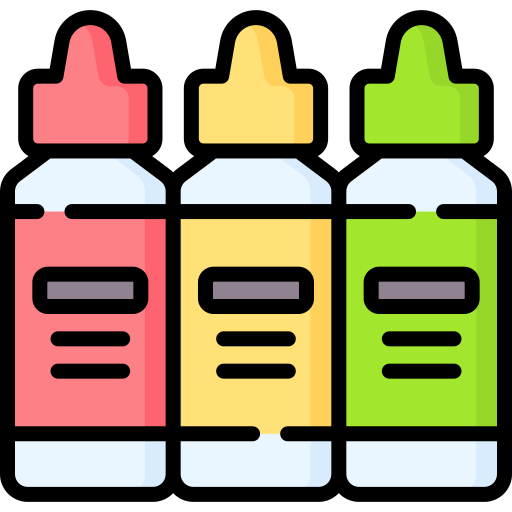 Three bottles of glue in red, yellow, and green with white caps and black labels.