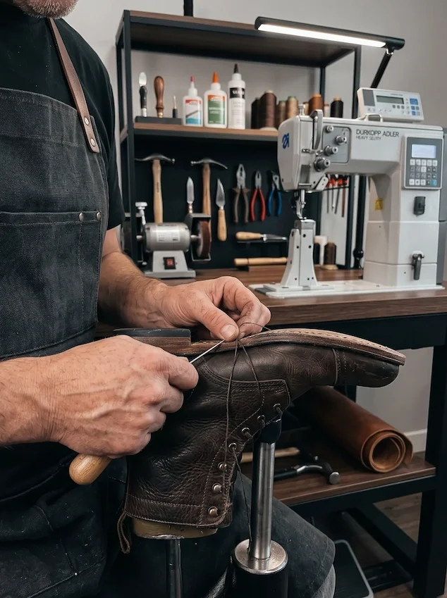 A person repairing a brown leather boot in a workshop, with tools and a sewing machine in the background.