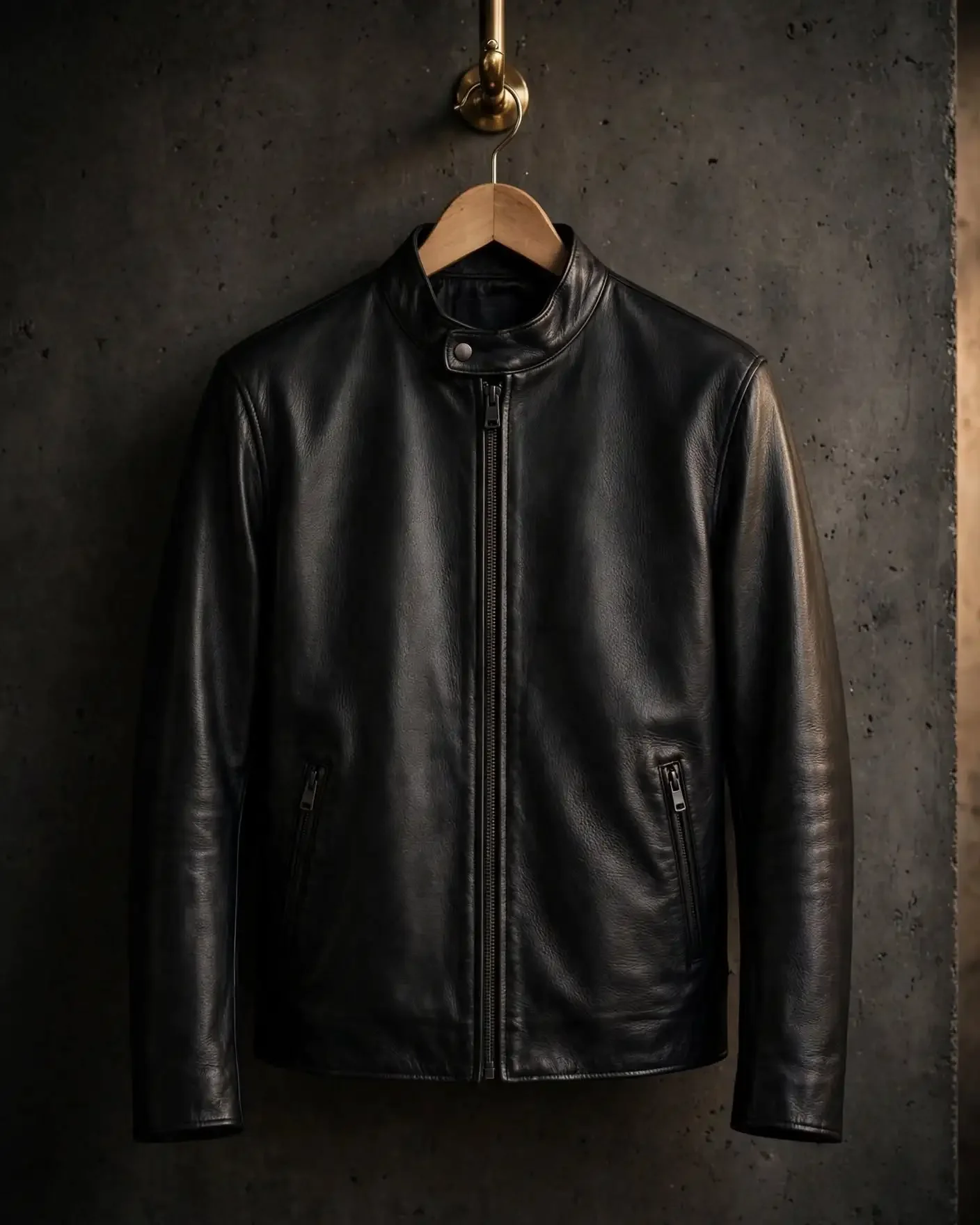 Dark brown leather cafe racer jacket with minimal band collar, straight zip front, sleek fitted cut and side zip pockets on wooden hanger