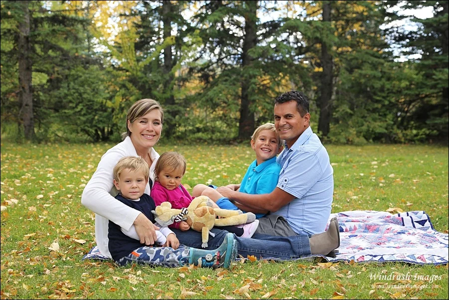 Fall Family photos in Baker Park for family of 5 in Calgary photographed by Windrush Images
