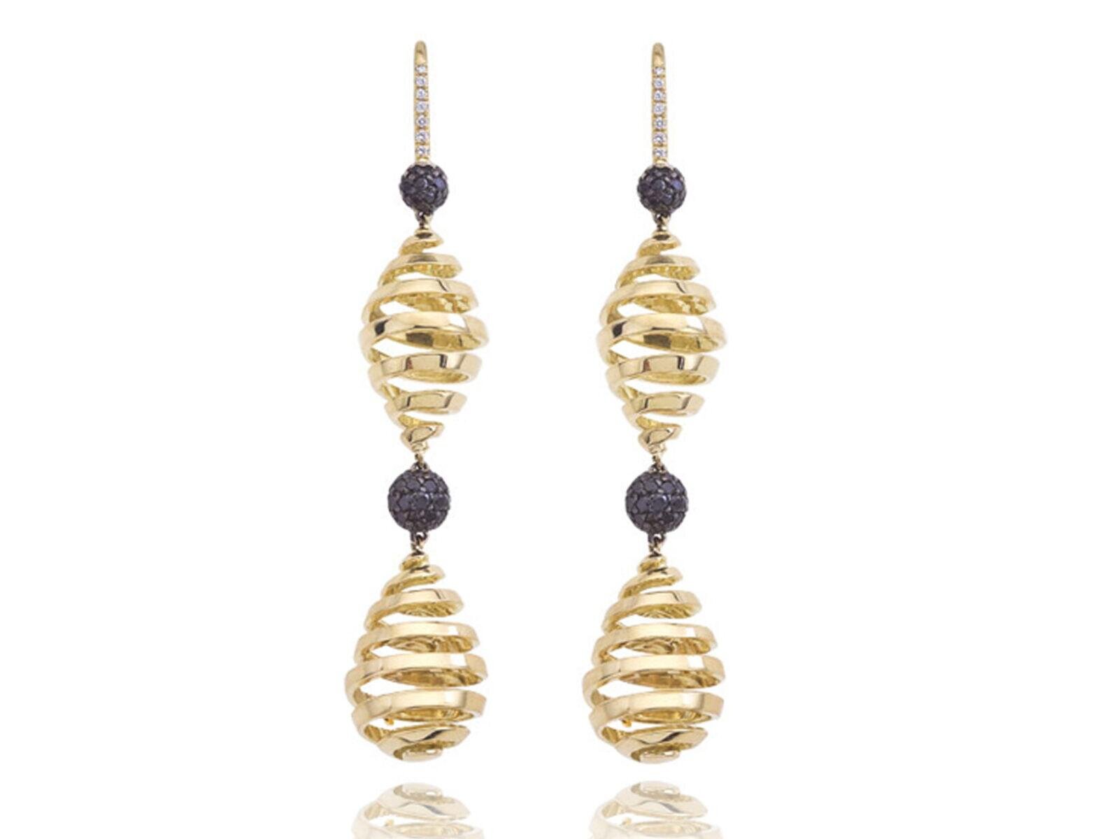 YELLOW GOLD DANGLE SWIRL EARRINGS WITH WHITE AND BLACK DIAMONDS
