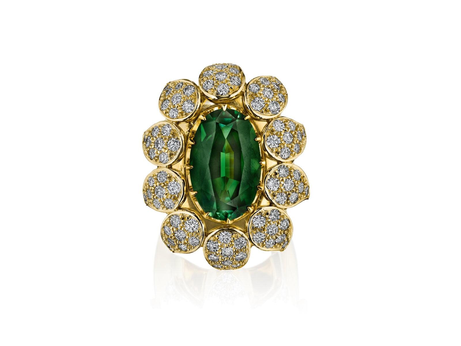 ANTIQUE CUT DARK GREEN TOURMALINE FLOWER COCKTAIL RING