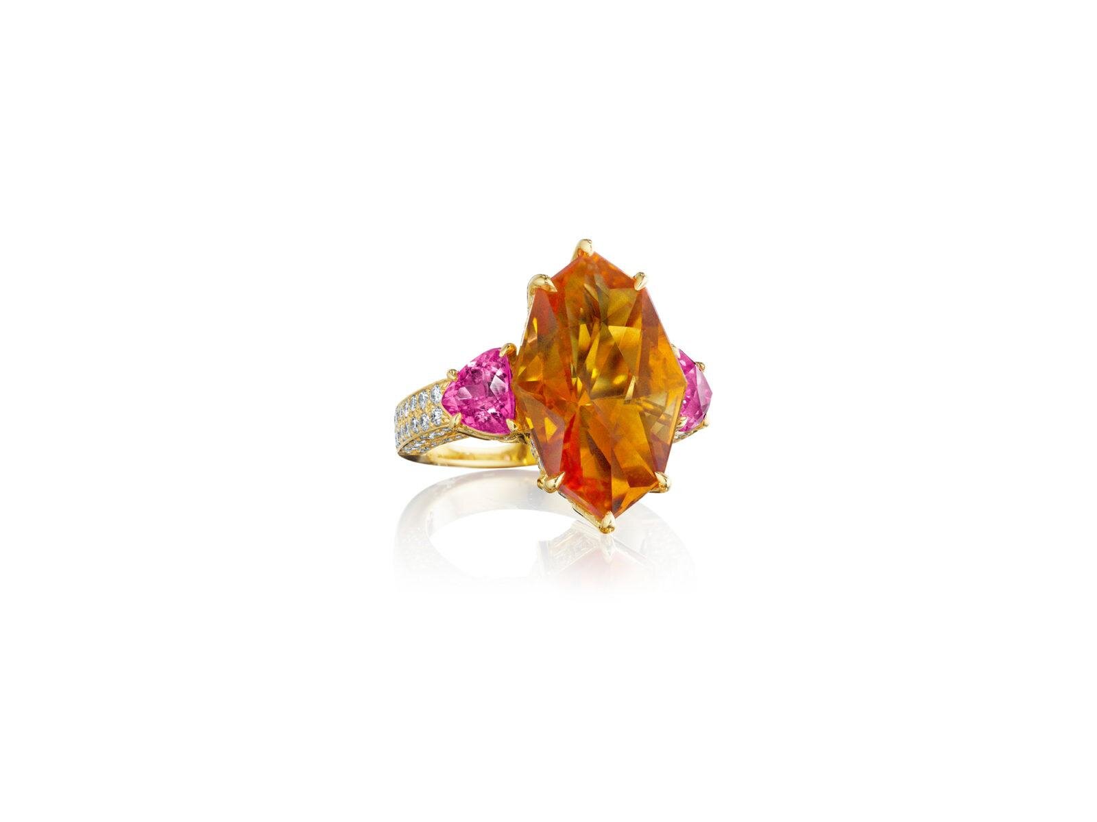 PRETTY PINK TOURMALINE, CITRINE AND DIAMOND RING