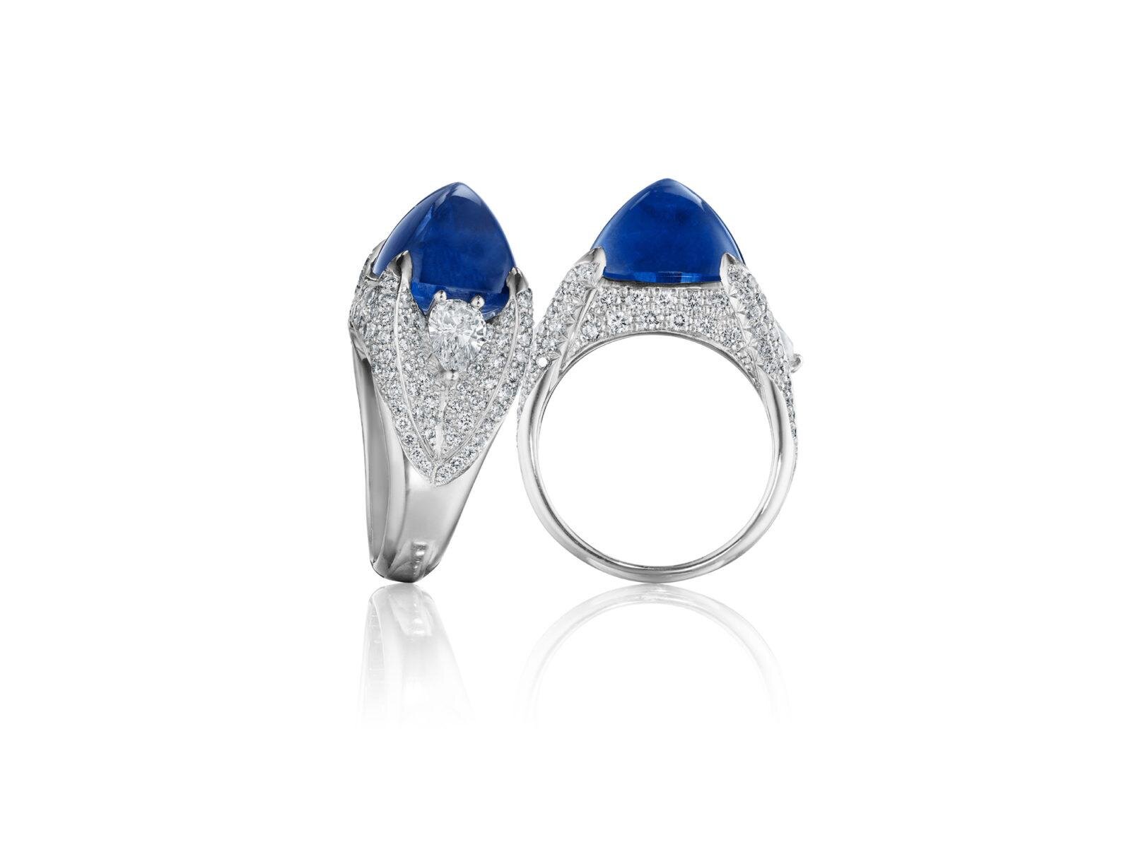 SUGARLOAF CABACHON CEYLON SAPPHIRE AND DIAMOND RING