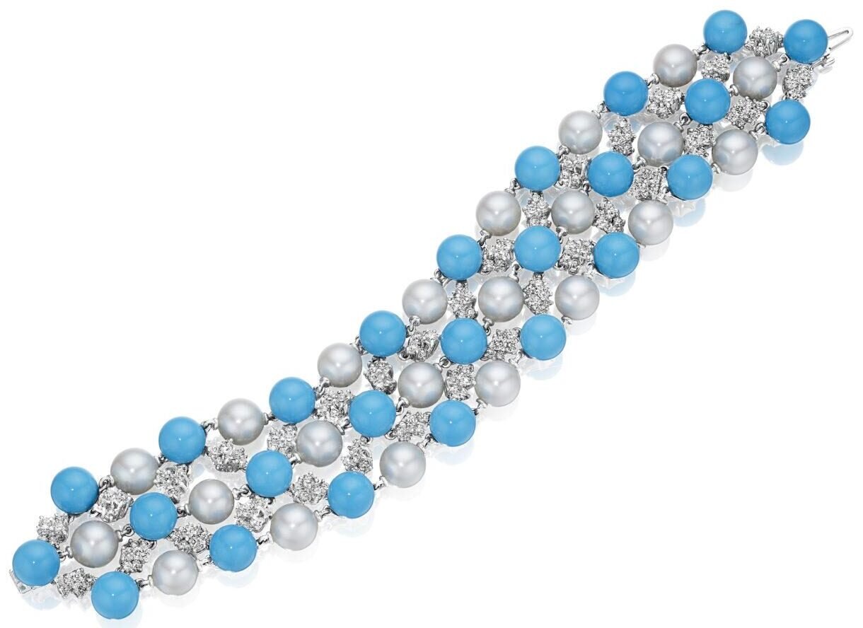 TURQUOISE AND PEARL FLEXIBLE BRACELET WITH DIAMONDS