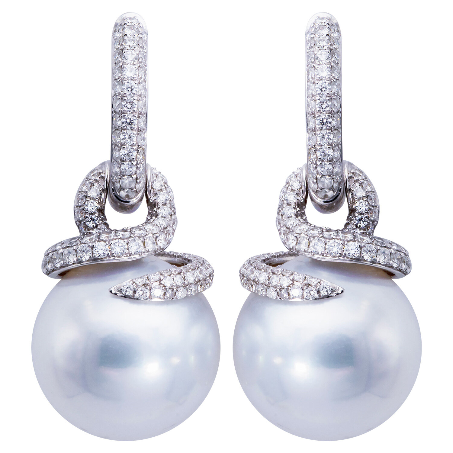 18KW WHITE SOUTH SEA PEARL EARRINGS, 14-15MM