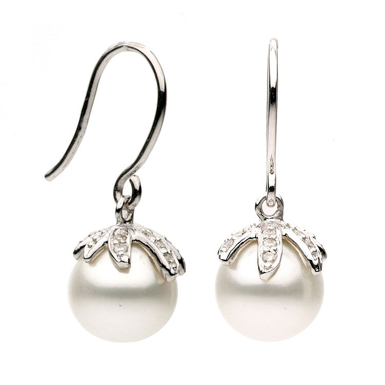 14K PEARL AND DIAMOND EARRINGS 8-9MM