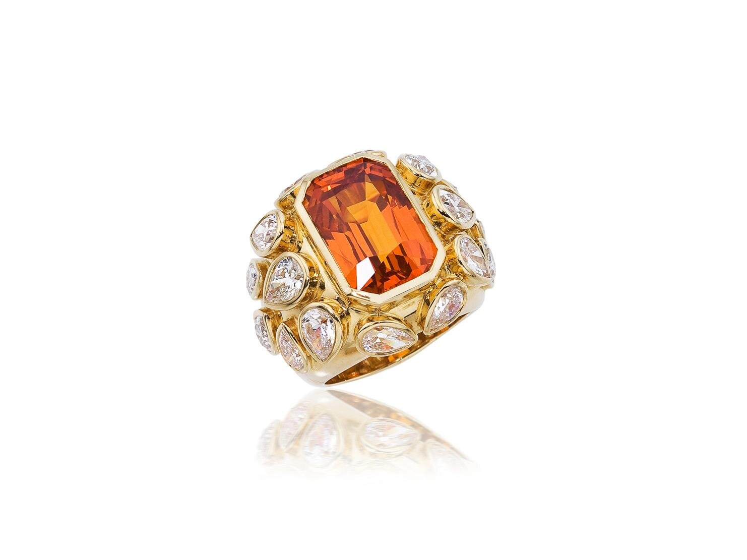 ORANGE SAPPHIRE AND PEAR CUT DIAMOND RING