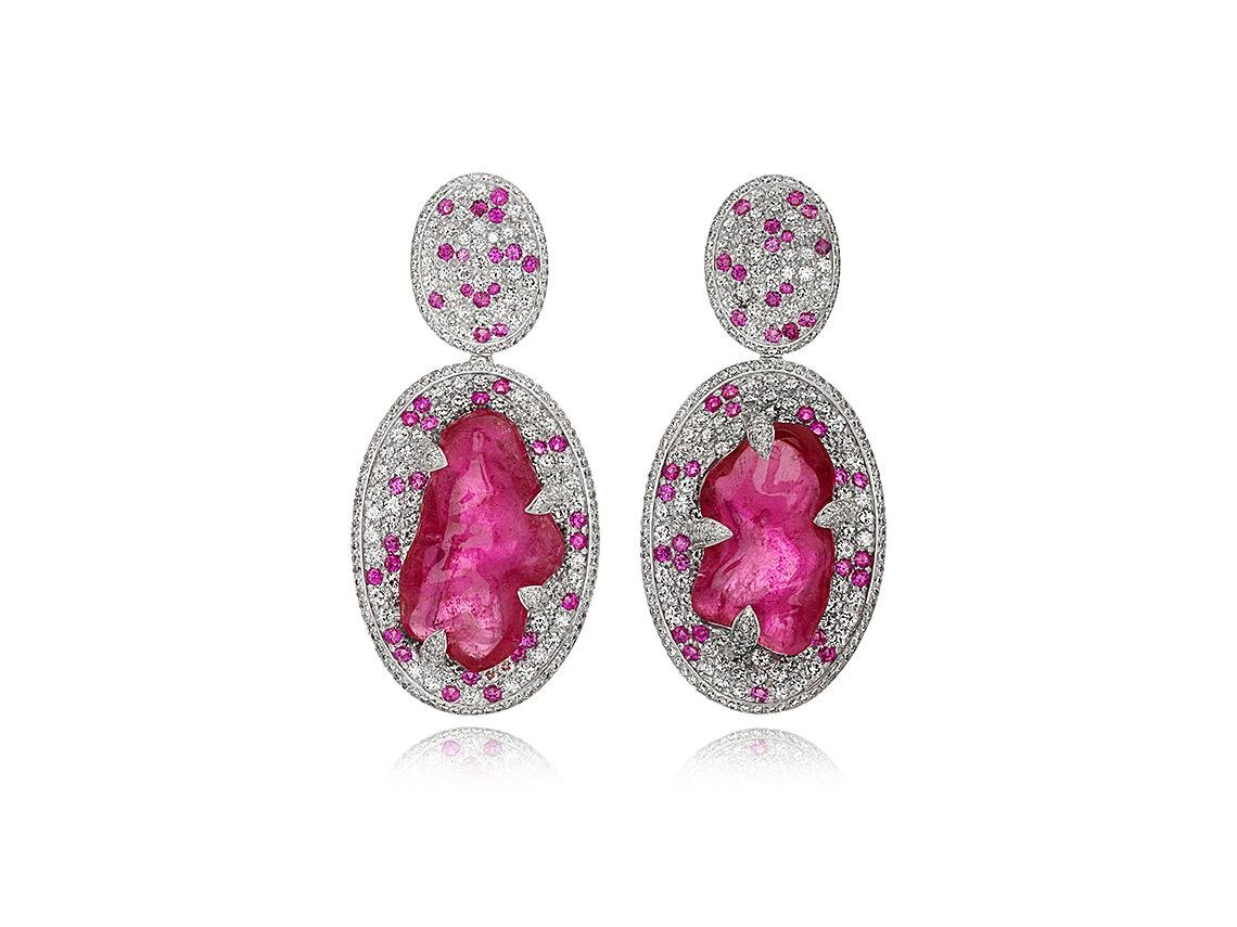 EXQUISITE PINK TOURMALINE AND PINK SAPPHIRE AMORPHOUS EARRING