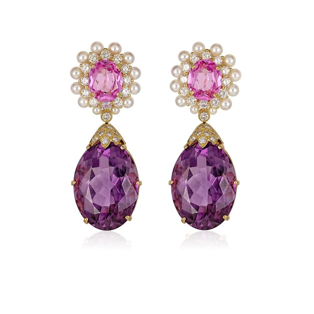 PINK SAPPHIRE, PEARL, AND AMETHYST DROP EARRINGS