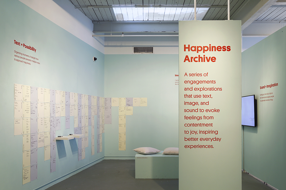  The exhibition has three sections: Text + Possibility, Image + Observation, and Sound + Imagination. 