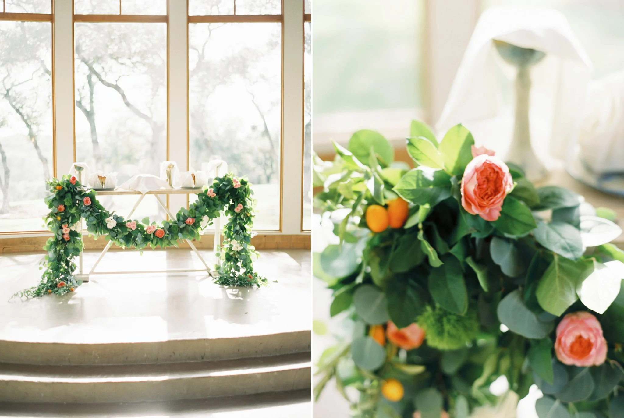 Katie and Cameron still wanted flowers to frame the ceremony, but instead used them to decorate the communion table. You can see more of this wedding here . Floral Design: The Heirloom Table