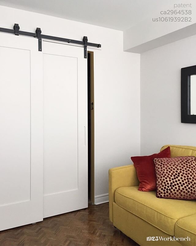 The adventure of the yellow sofa in the home office with doors we made to cover a closet and a bathroom. 💛💛
.
.
A reminder of our 30% CELEBRATION SALE for our Single Track Bypass use USPATENT30 at check out. 
#1925workbenchpatent #1925workbenchhard