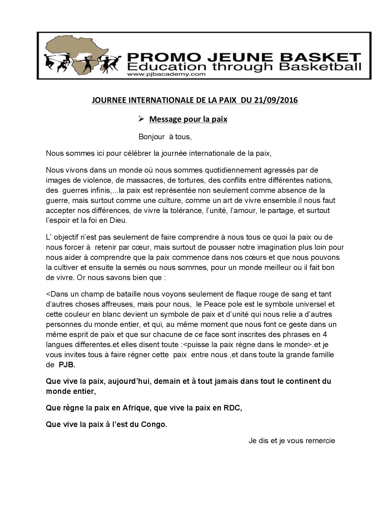 Click to read Coach Lebon Rose's speech for Peace during Peace Day 2016