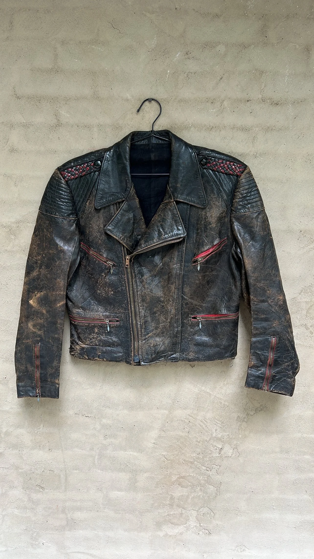 Vintage Thrashed Leather Biker Jacket, Size 48