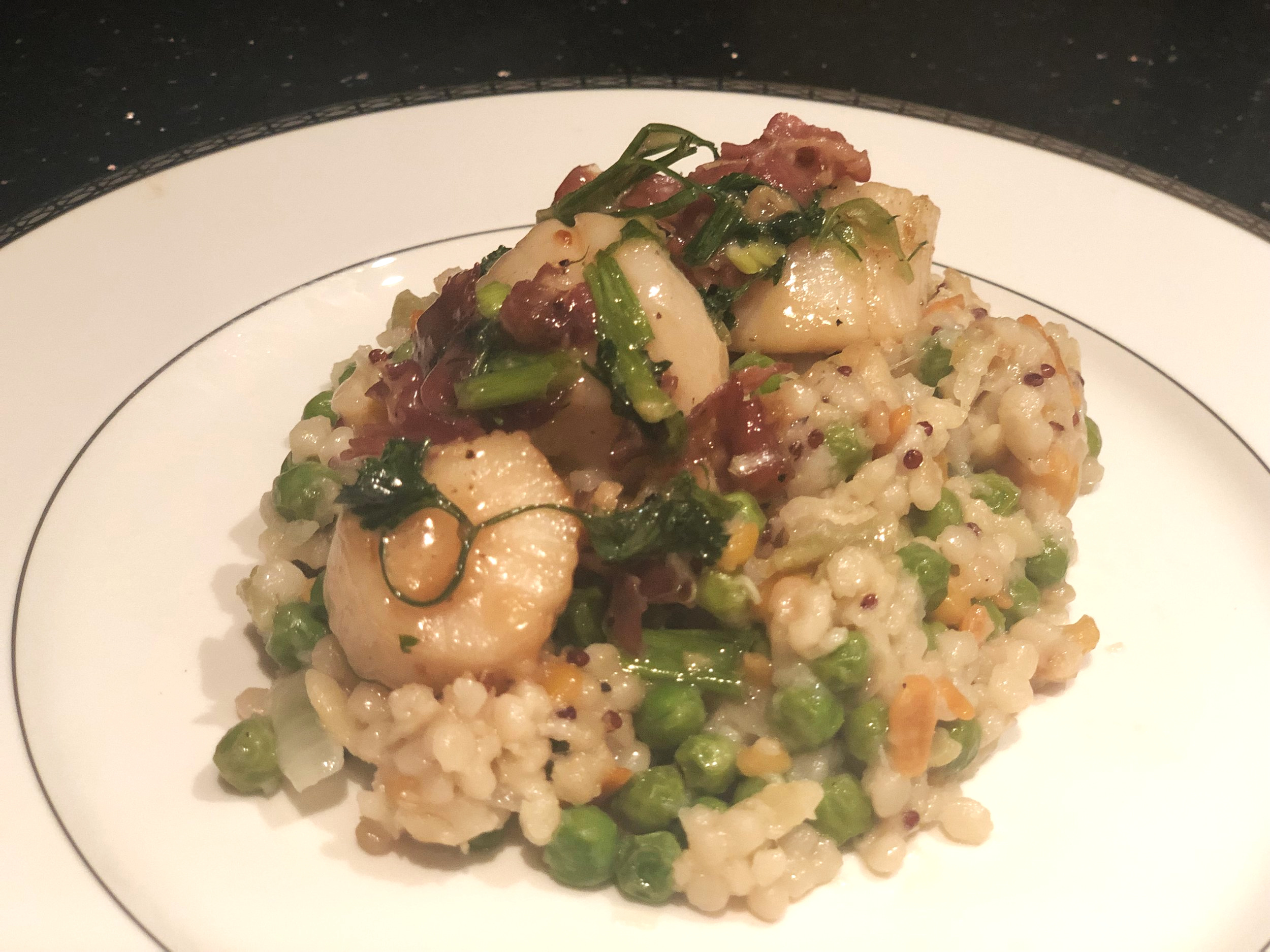 Creamy Prosciutto Scallops Over English Pea Farro - Recipe Coming Soon!