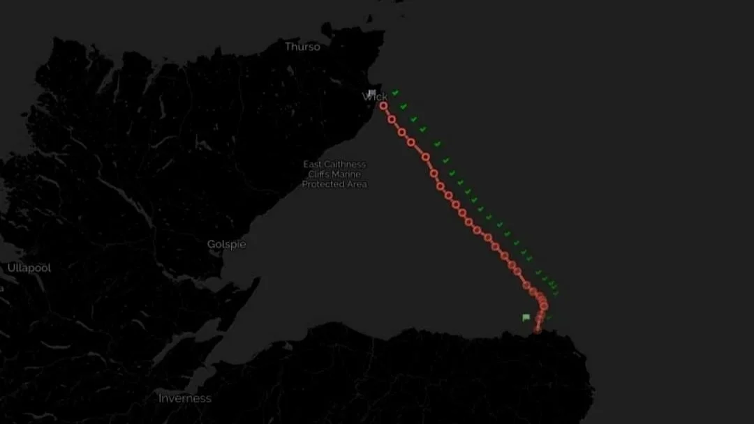 Maritime navigation route mapped from the eastern coast of Scotland to the northern coast of Norway, with route markers and directional indicators.