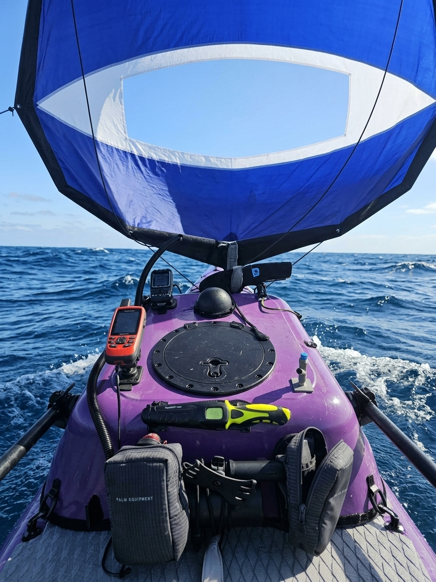 View from a purple kayak on the ocean with a blue and white sail overhead, ocean waves, and ocean horizon in the background.