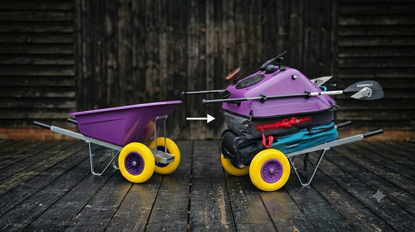 A small purple wagon carrying a kayak, paddles, and gear on a wooden deck.