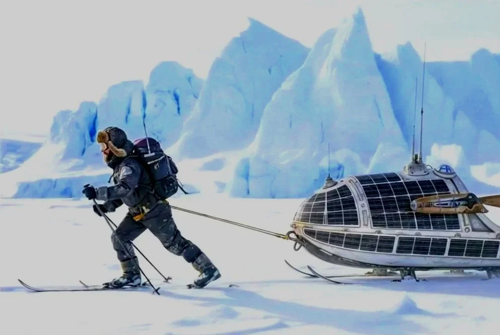 A person in cold-weather gear with a backpack and headphones pulling a snowmobile in a snowy landscape with large blue icebergs in the background.