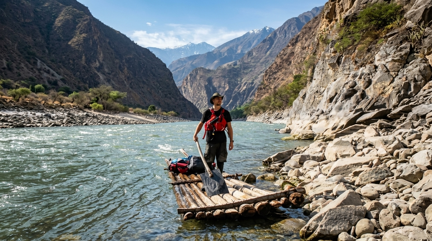Man standing on a raft with gear on the riverbank, mountains in the background.