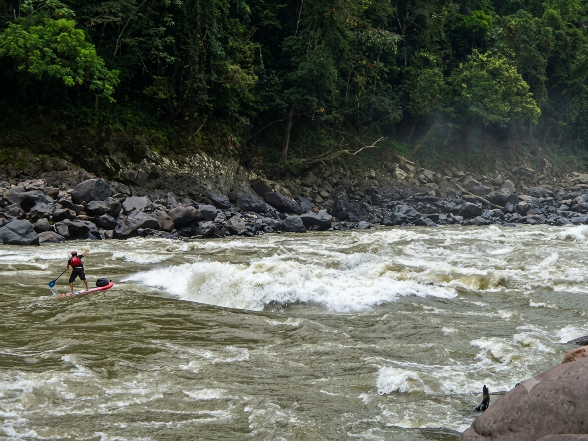 Charlie Head  paddleboarding on a rocky river with lush green trees on the riverbank.