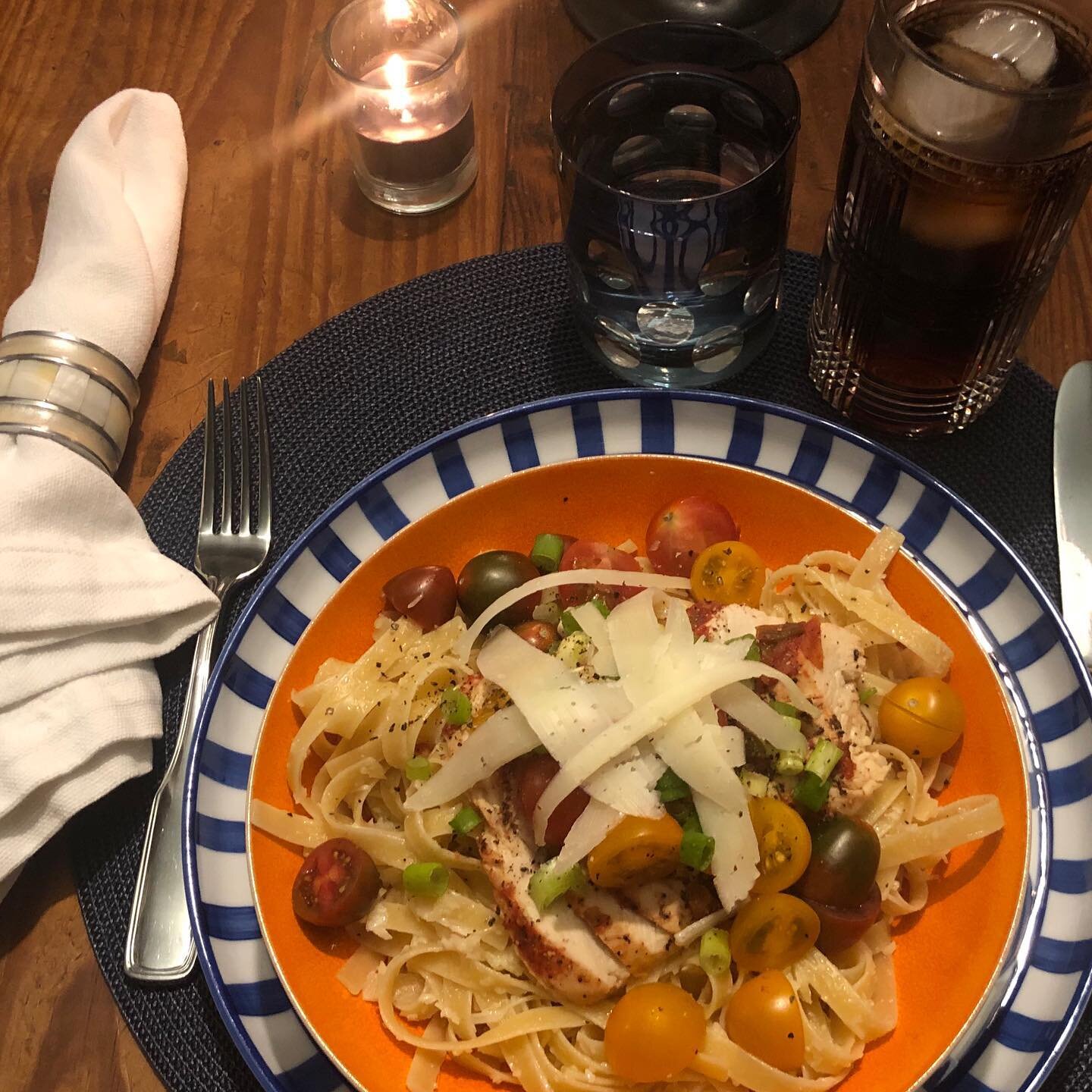 Fettuccine with bake chicken, tomatoes, and shaved manchego for an isolation dinner by candlelight. With Oliver  begging on the sideline. #dansk #westelm #matteo #blakewoodsdesign #cricketwood #catsofinstagram #loveislove #instagay