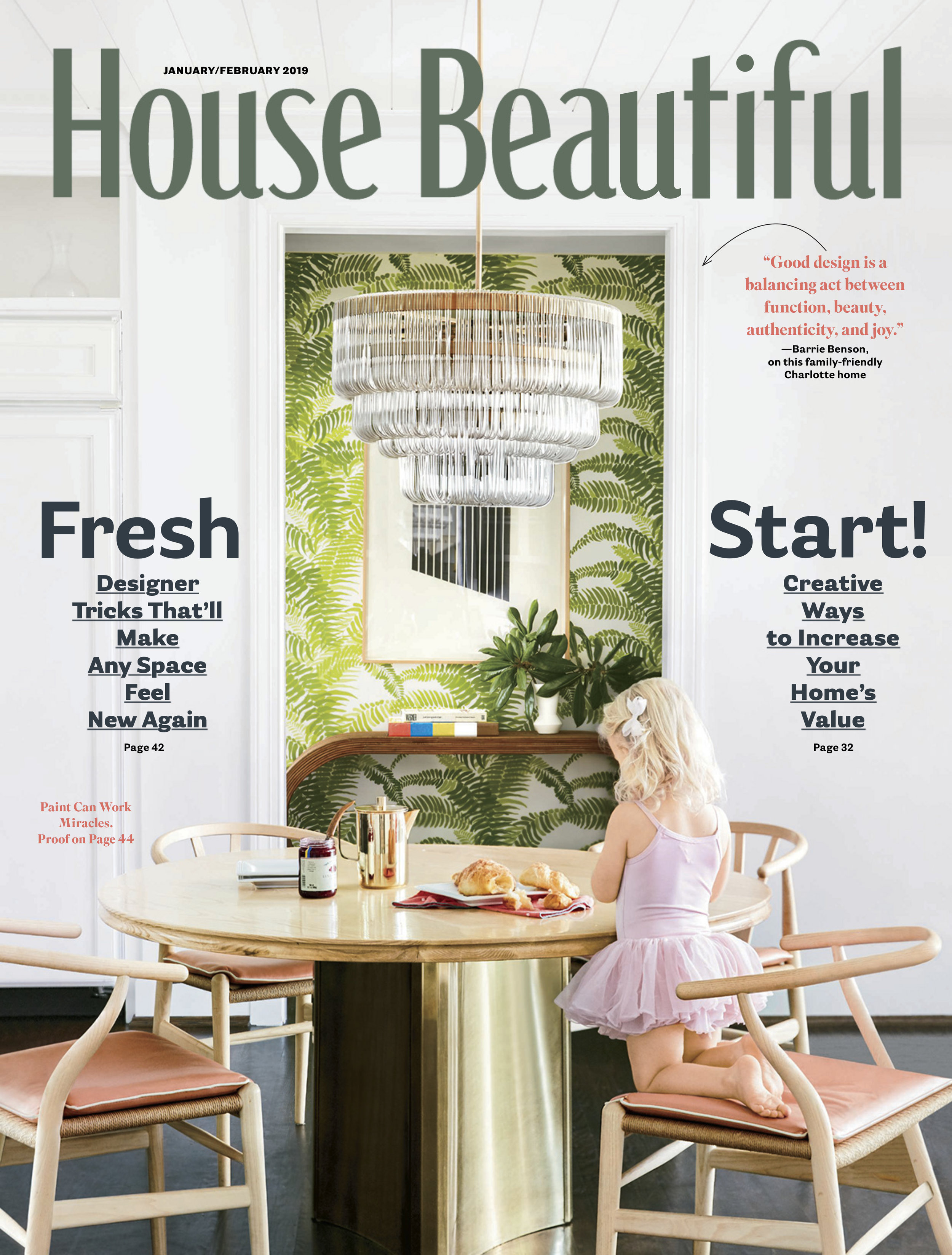House Beautiful January/February 2019 cover featuring Meg Braff Designs Wallpaper