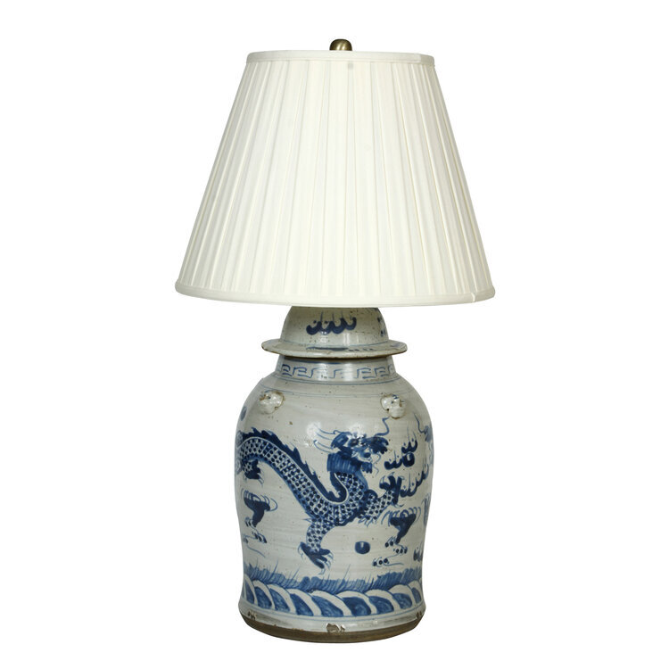White Chinese Export Ginger Jar Lamp, Small Blue And White Chinoiserie Lamp