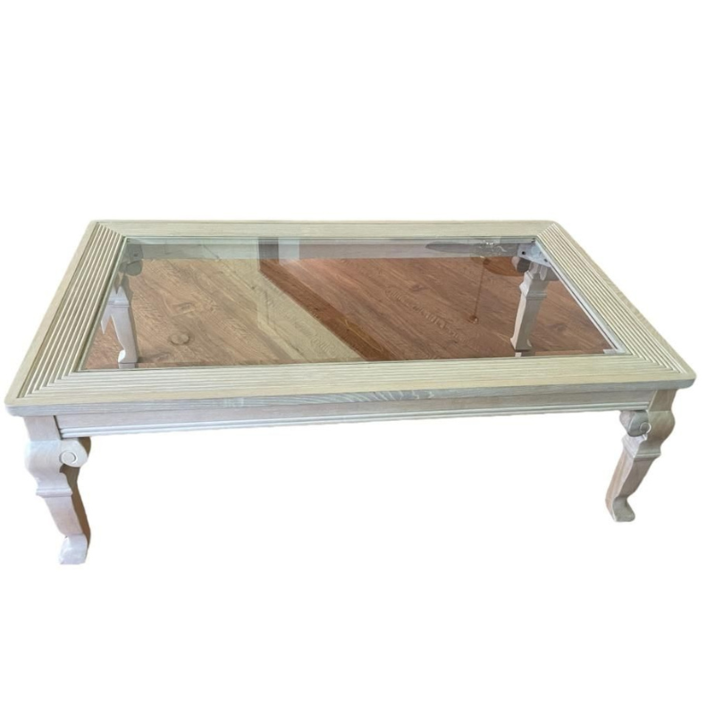 VINTAGE COASTAL BLEACHED WOOD COFFEE TABLE WITH GLASS TOP — Meg Braff Designs