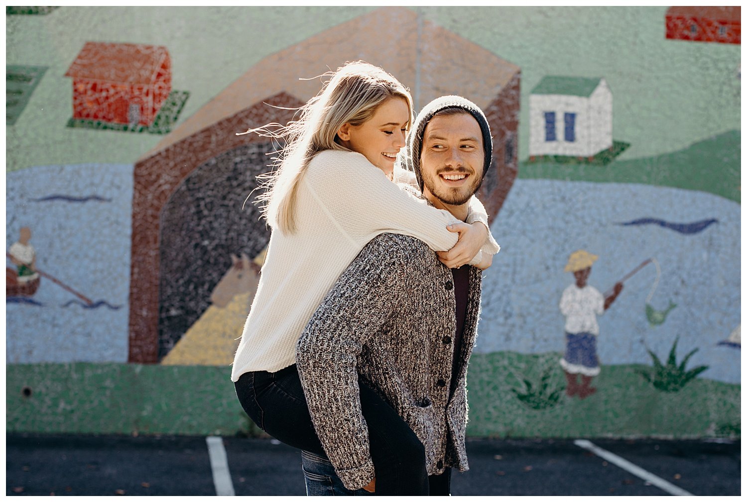  Downtown Lynchburg photo session along the Blackwater Creek and in front of old brick buildings!  Engagement Photos with Dogs. Candid Photography. Virginia Photographer. Photojournalistic photography styles. Cinematic photography for Engagement Phot