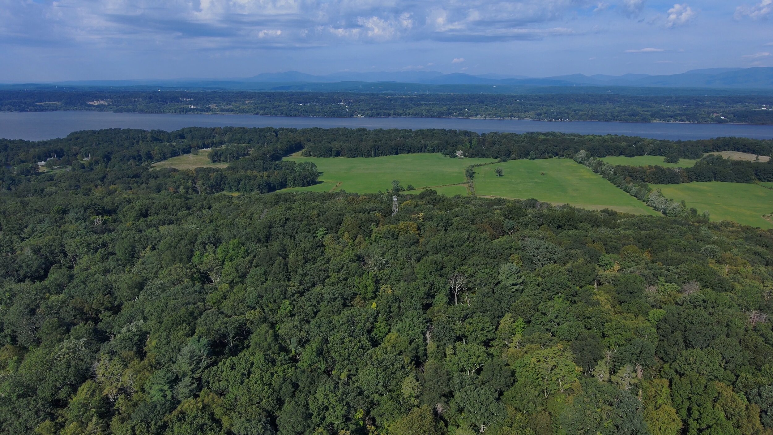 Aerial View of Ferncliff Forest with Fire Tower and Hudson River