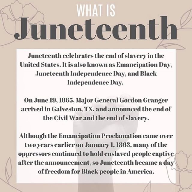 Today we acknowledge and support Juneteenth where enslaved people of color were finally freed from slavery 2 1/2 years after the Emancipation proclamation. Thank you @annamaegroves for sharing🤍#juneteenth #celebratejuneteenth