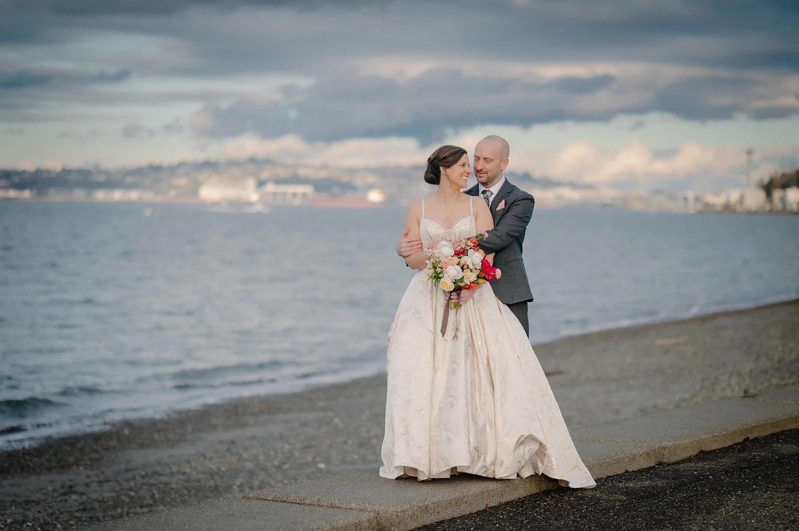 romantic bride and groom photos at alki beach