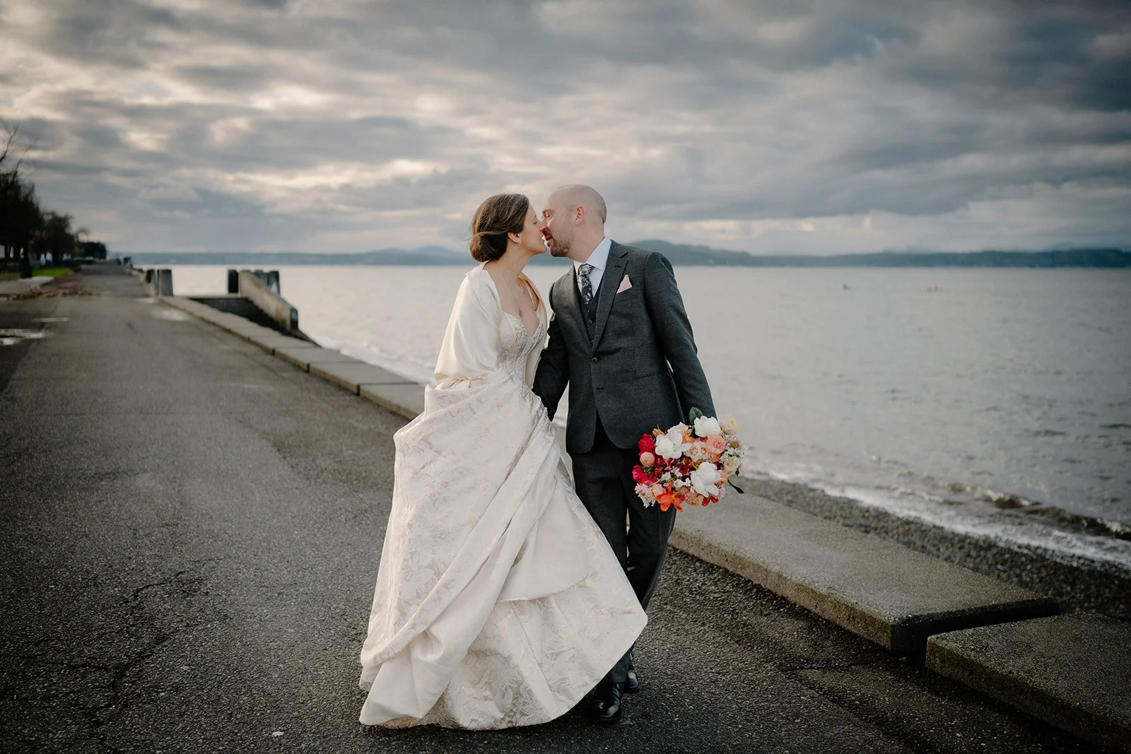 romantic bride and groom photos at alki beach
