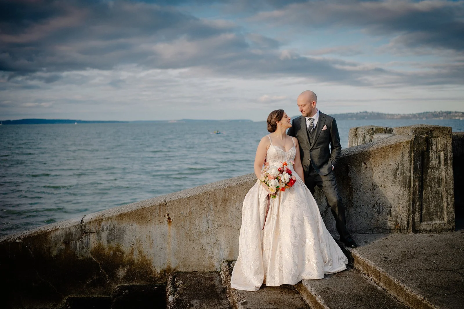 romantic bride and groom photos at alki beach