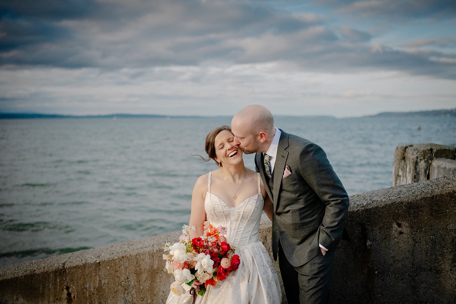 romantic bride and groom photos at alki beach