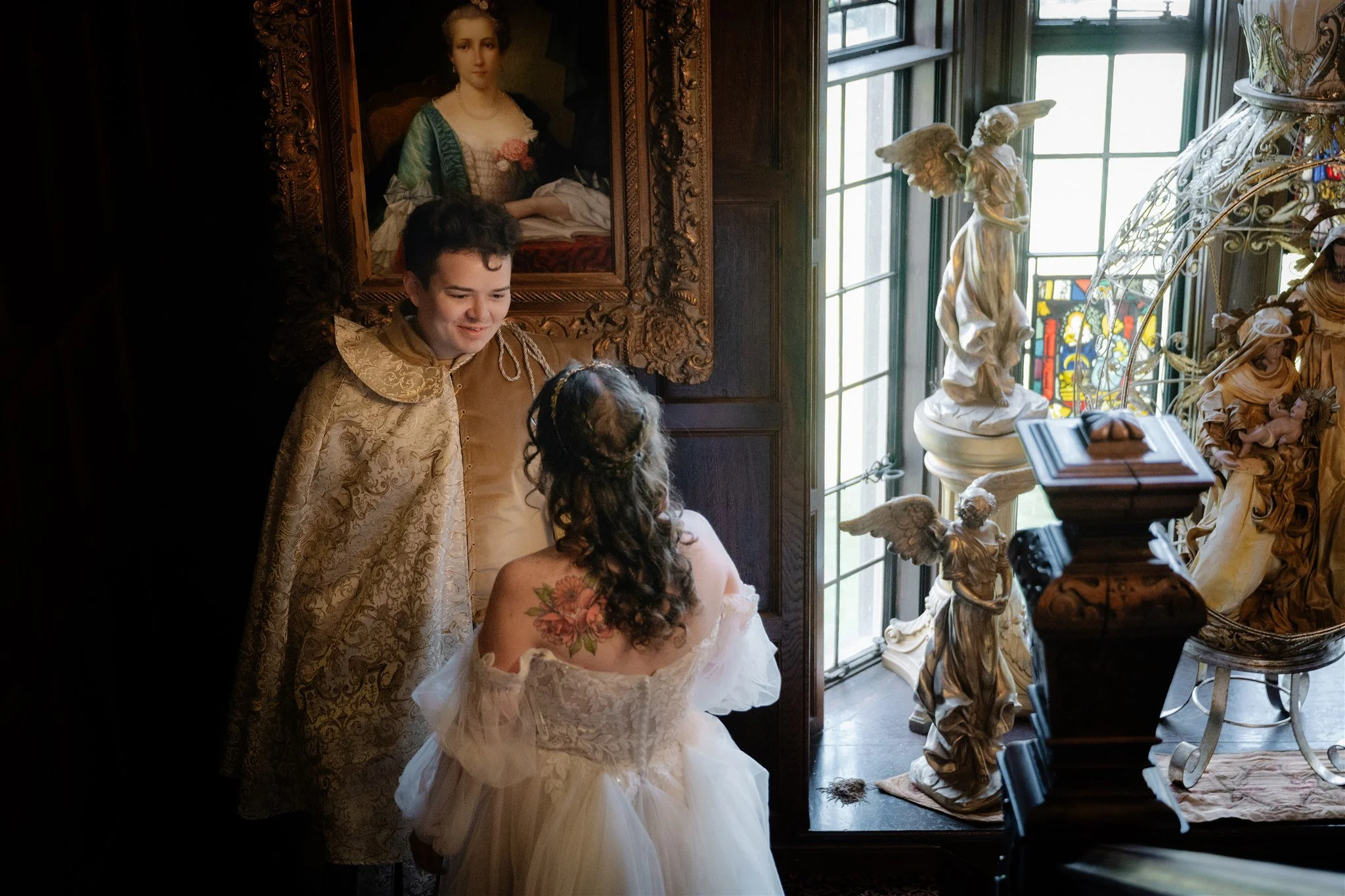 bride and groom first look on the steps at thornewood castle