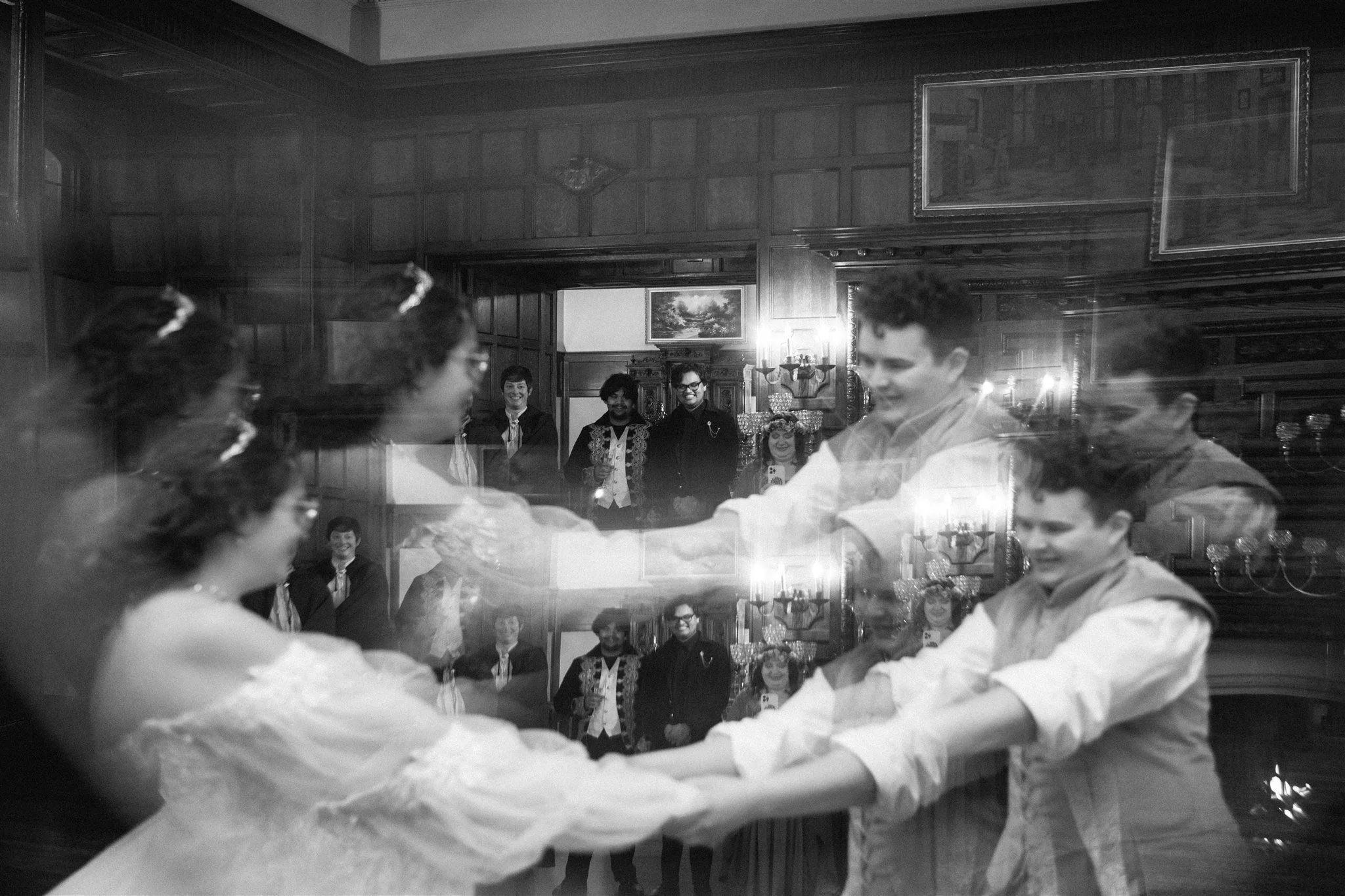 renaissance faire themed wedding reception dancing at thornewood castle