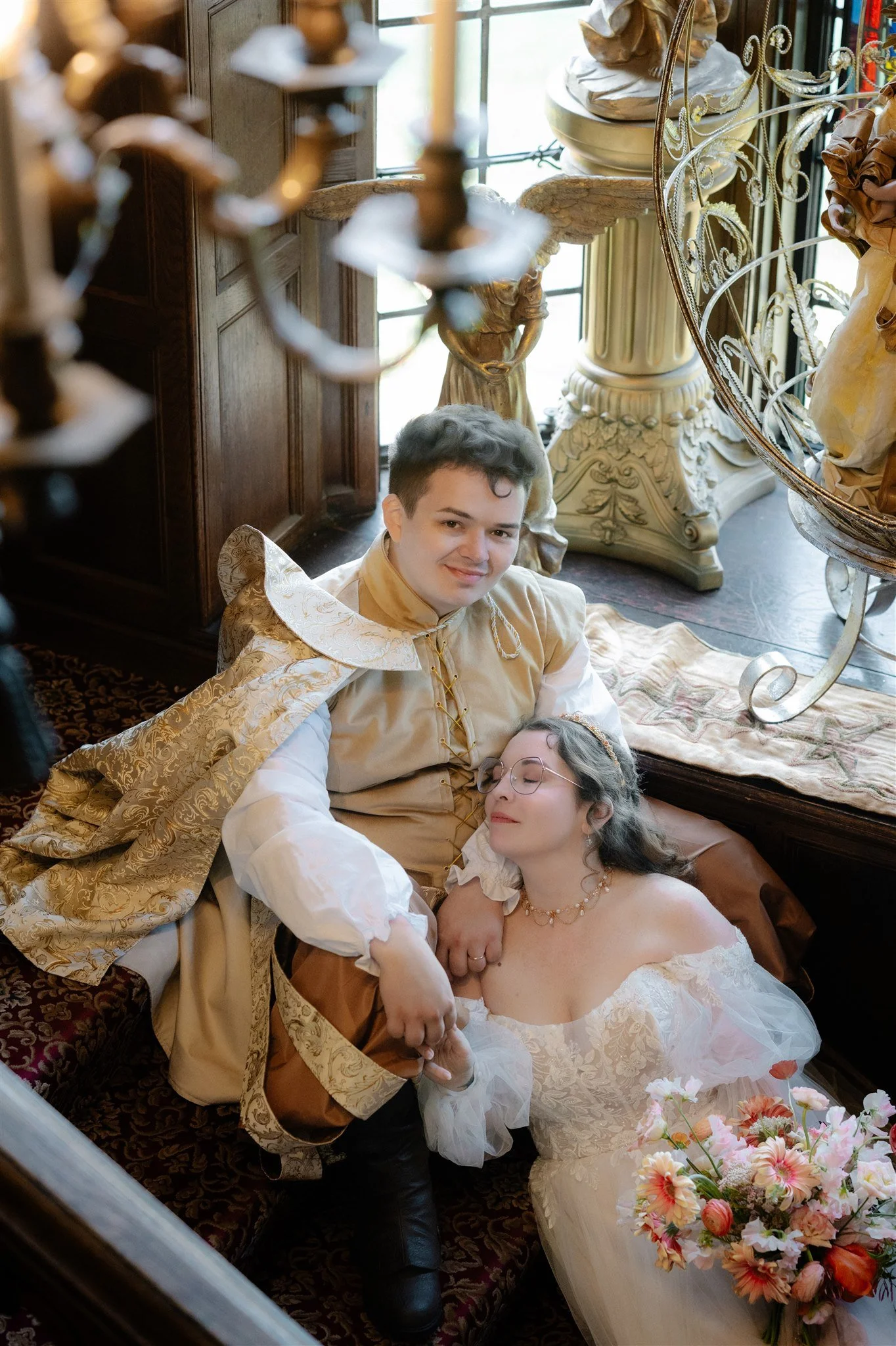 bride and groom in renaissance faire themed wedding attire at thornewood castle wedding