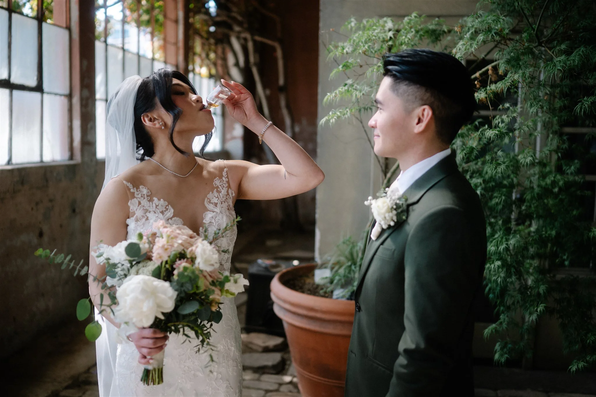 Intimate first look wedding photography with cinematic window light