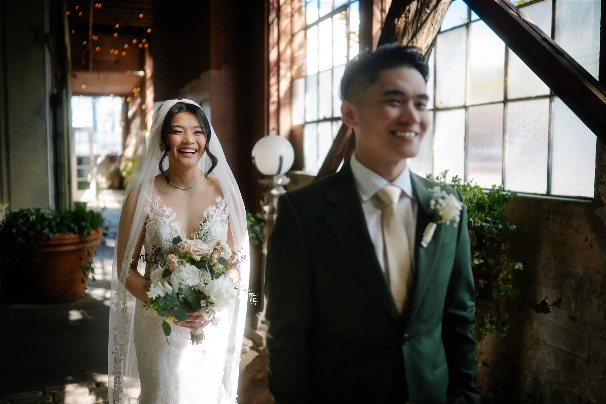 First look wedding photo at The Ruins Seattle with soft natural light